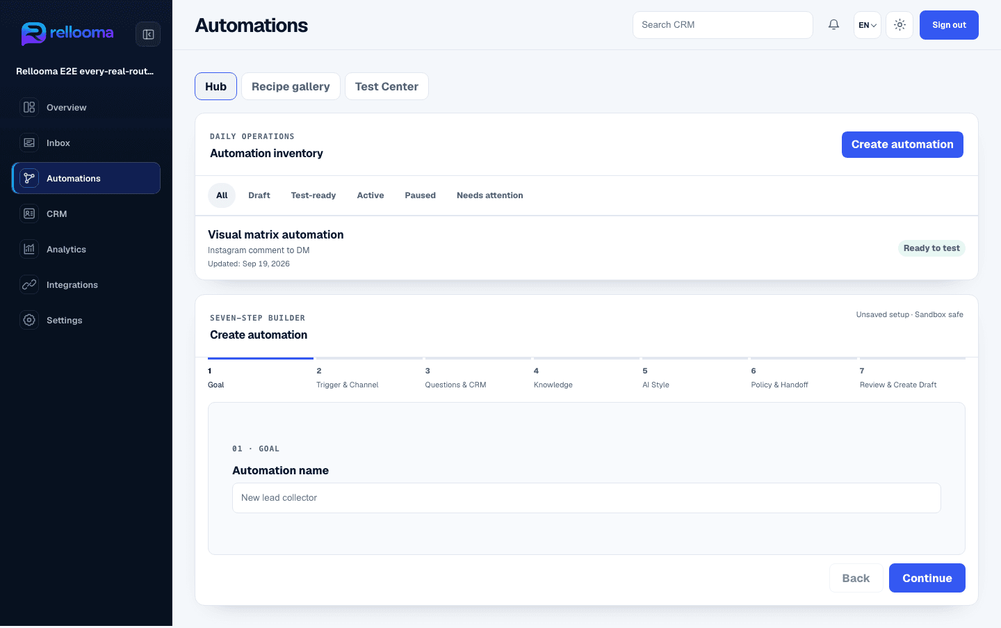 Rellooma Automations product screen showing the seven-step builder in Sandbox.