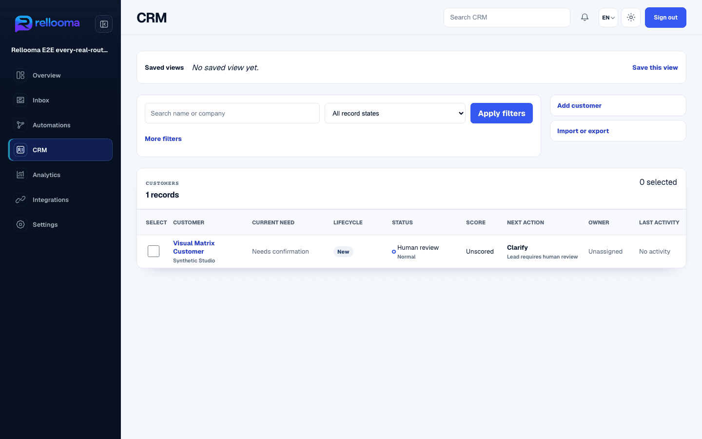 Rellooma CRM showing a synthetic customer's need, lifecycle, owner and next action in Sandbox.