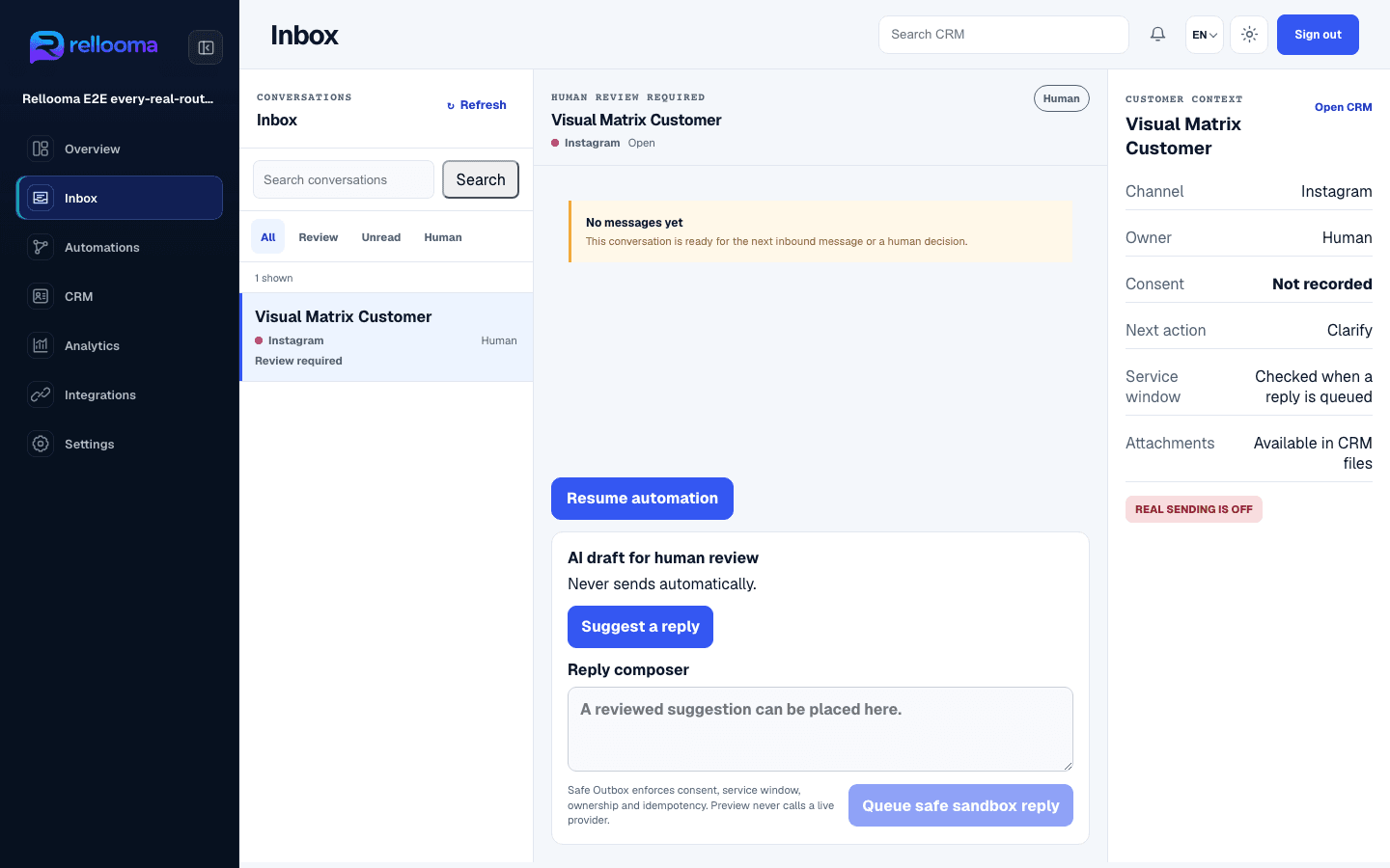 Rellooma Inbox product screen showing conversation, owner and customer-context areas in Sandbox.