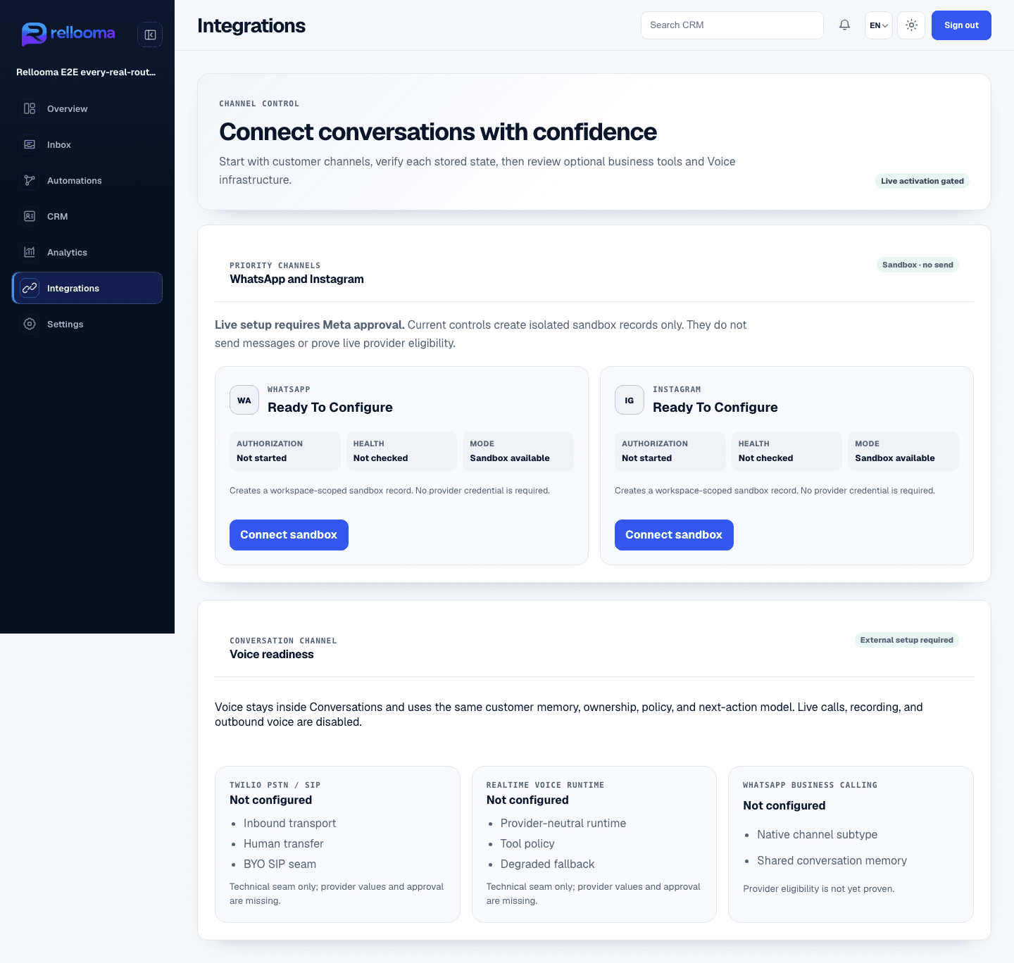 Rellooma Integrations product screen showing WhatsApp and Instagram Sandbox rows and a live setup warning.