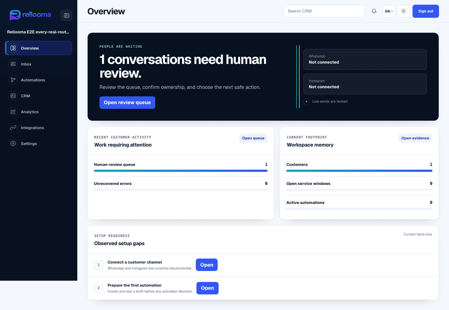 Product UI example · English Sandbox · no customer data · live sending off